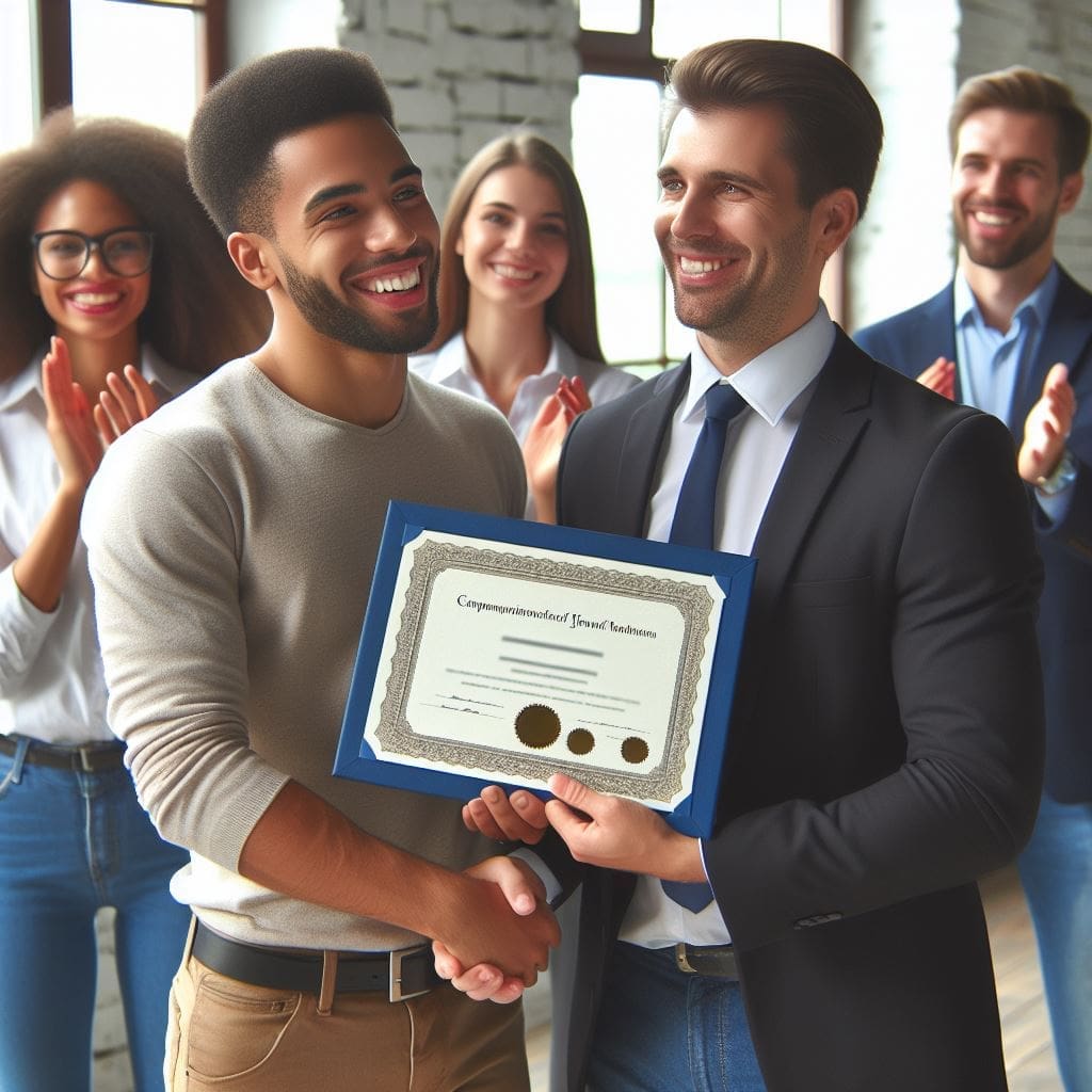 A-manager-presenting-an-award-or-certificate-to-a-smiling-employee