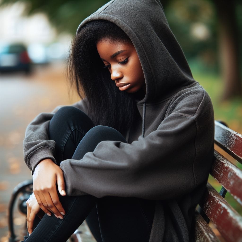 A person sitting alone on a park bench, looking downcast