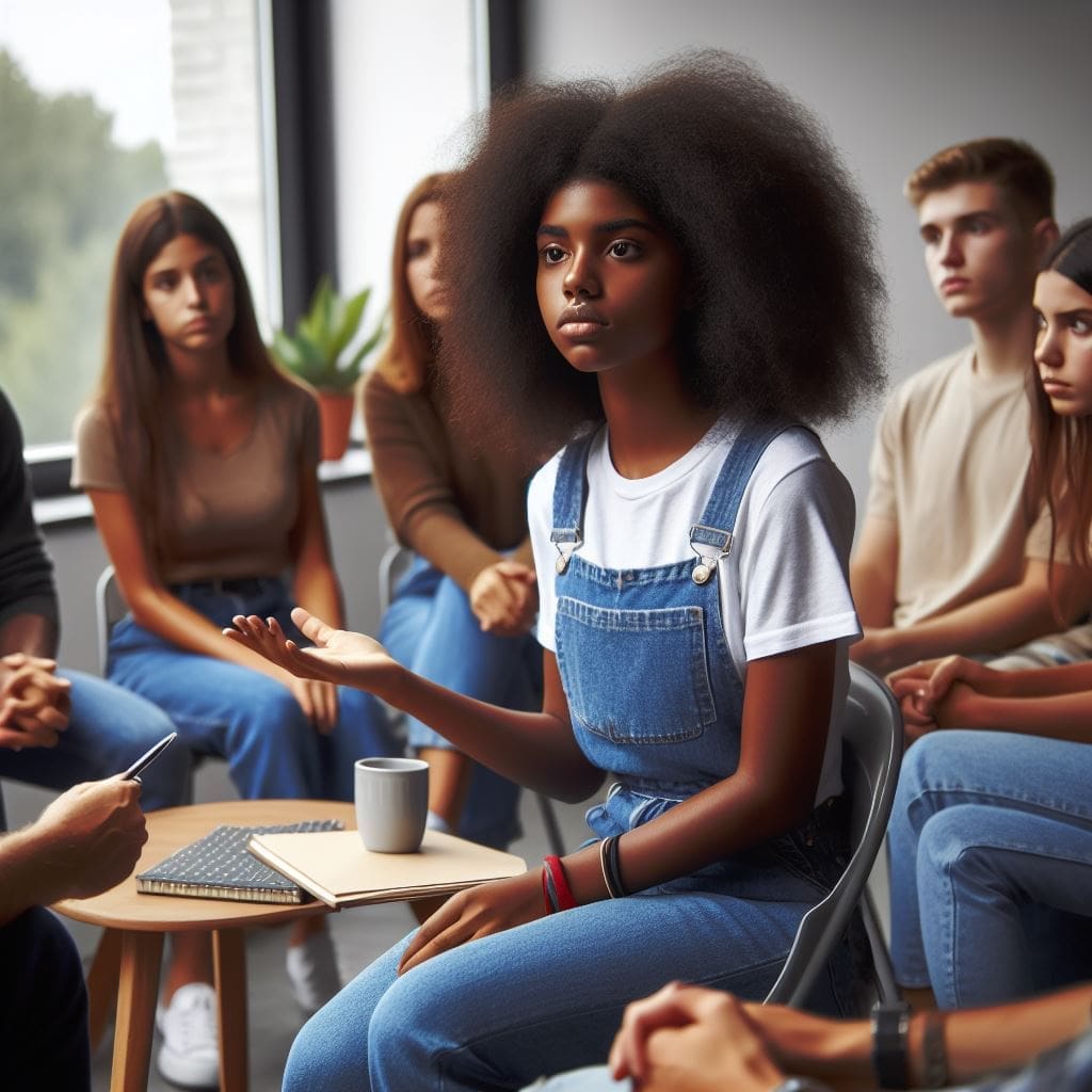 Teenagers receiving professional help and support in a group therapy setting.