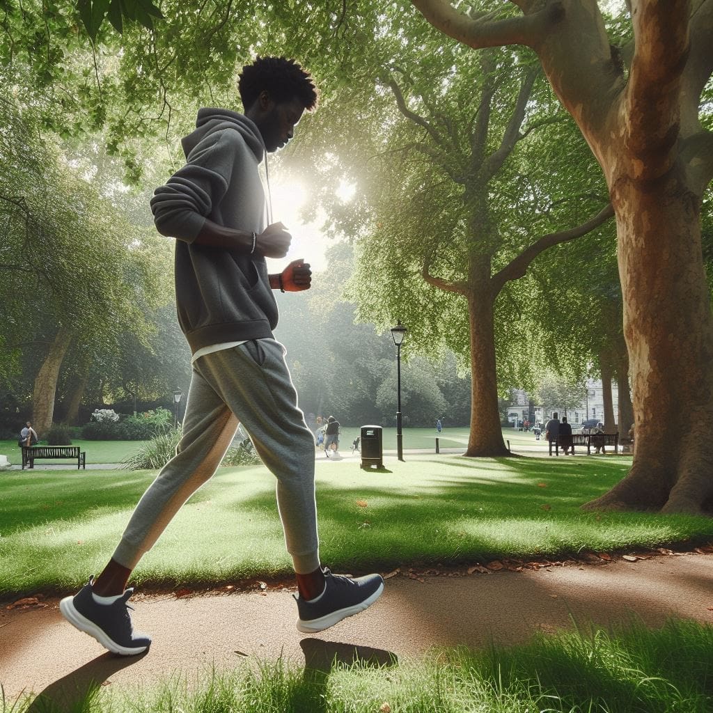 A person enjoying a walk in a park, emphasizing the importance of physical activity for a healthy heart.