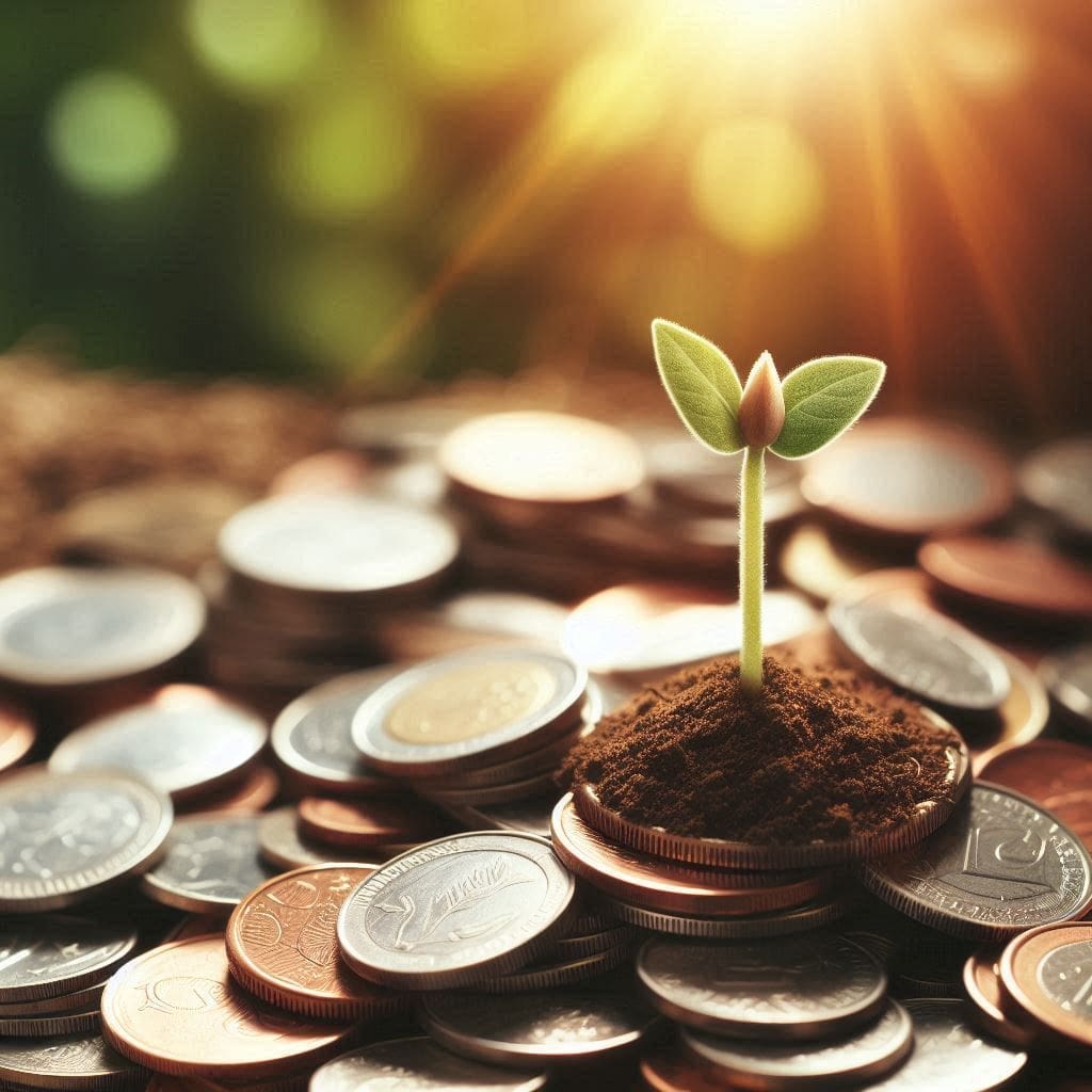 Growing your savings for the future. Coins sprouting into a plant.