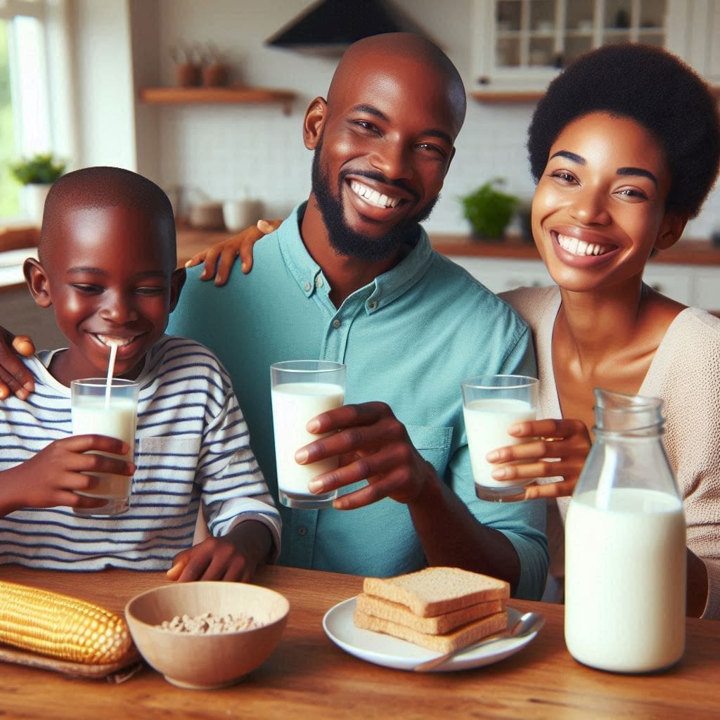 Happy family enjoying milk together at the breakfast table. A demonstration of health benefits of milk