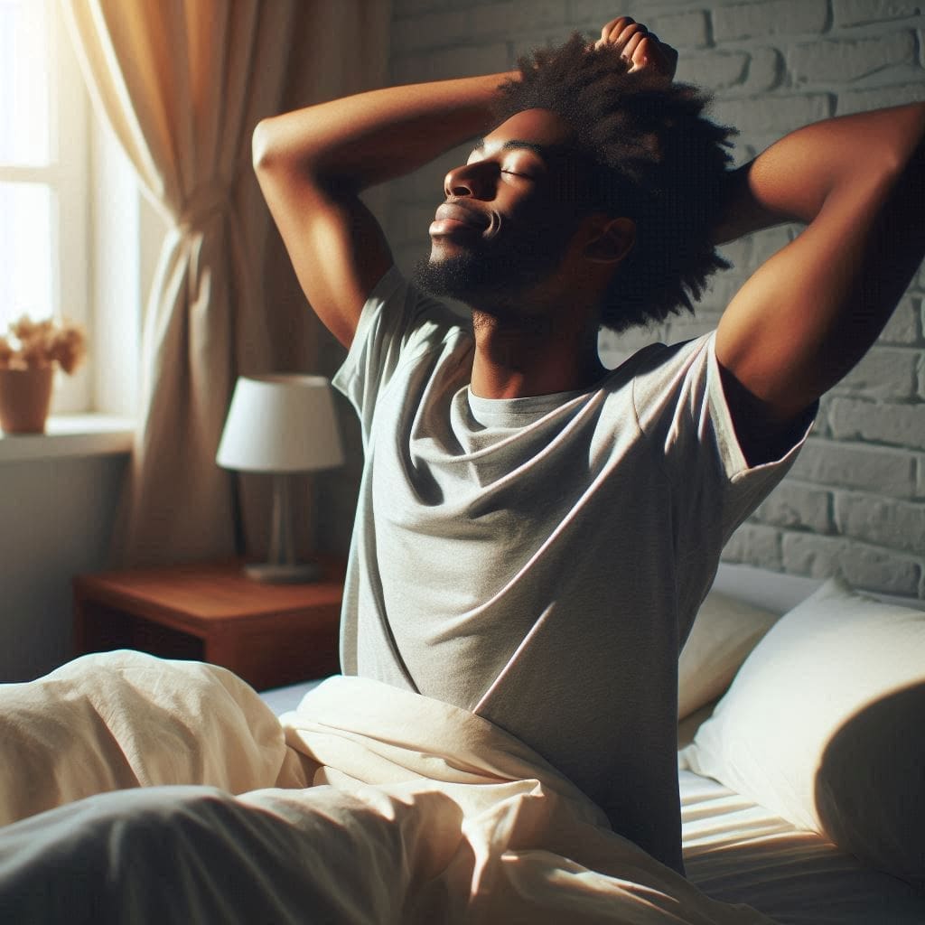 A person waking up refreshed and stretching in bed bathed in soft morning light