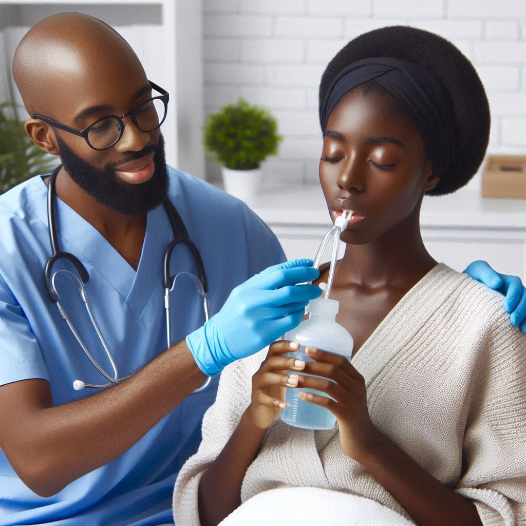 A healthcare worker administering oral rehydration therapy (ORT) to a patient experiencing diarrhea