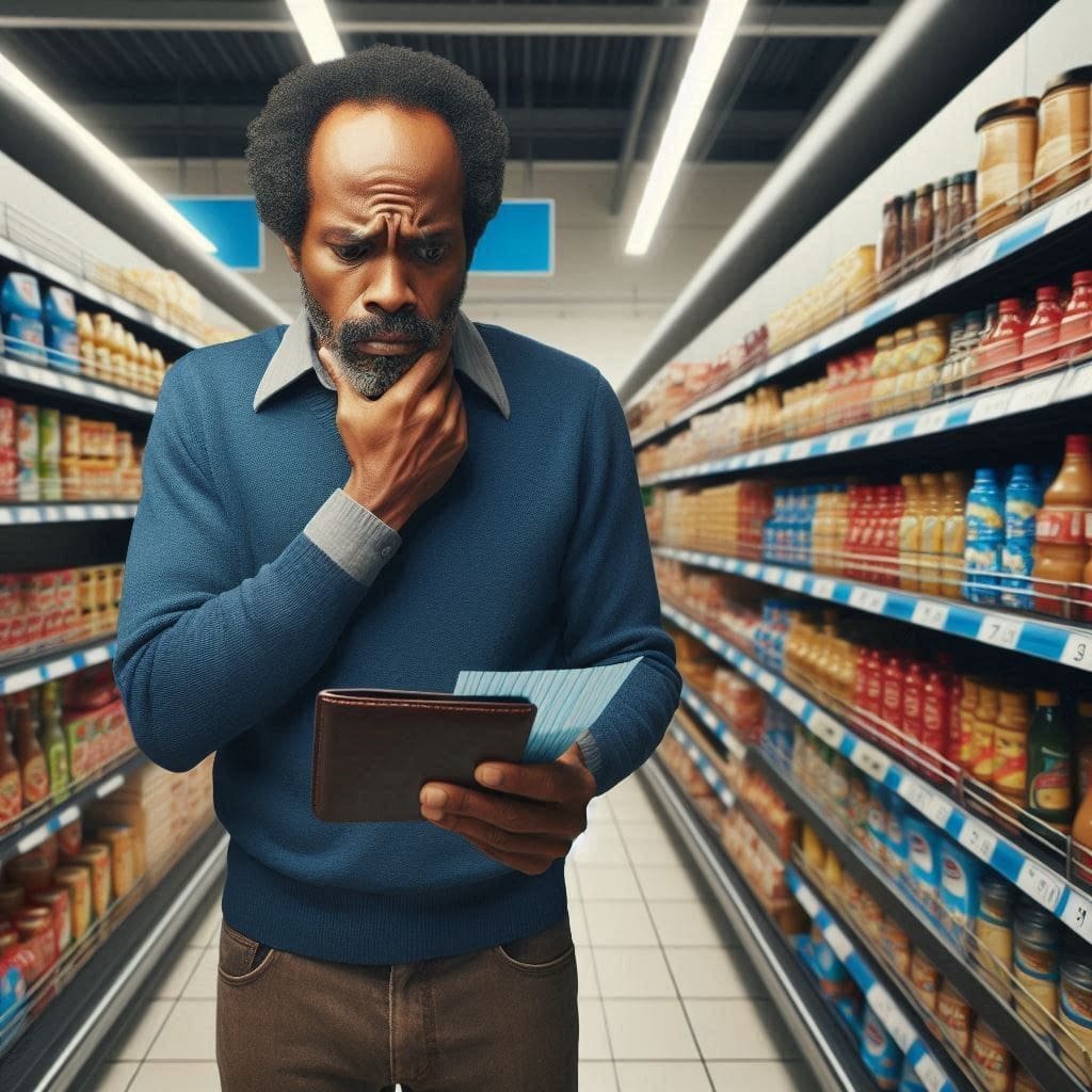 A person in a grocery store looking stressed while checking high prices on shelves, symbolizing the impact of inflation on purchasing power