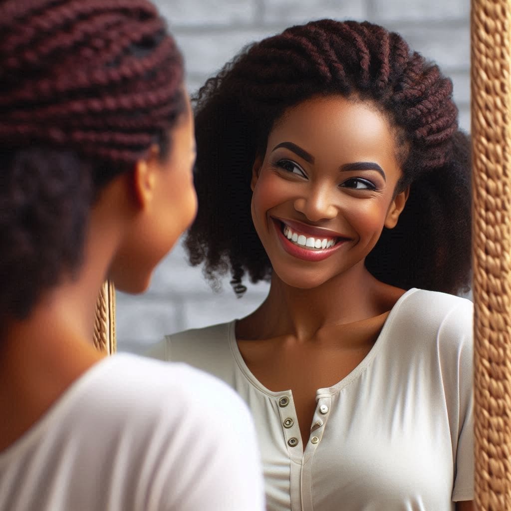 a lady admiring her beauty in the mirror- positive self-talk