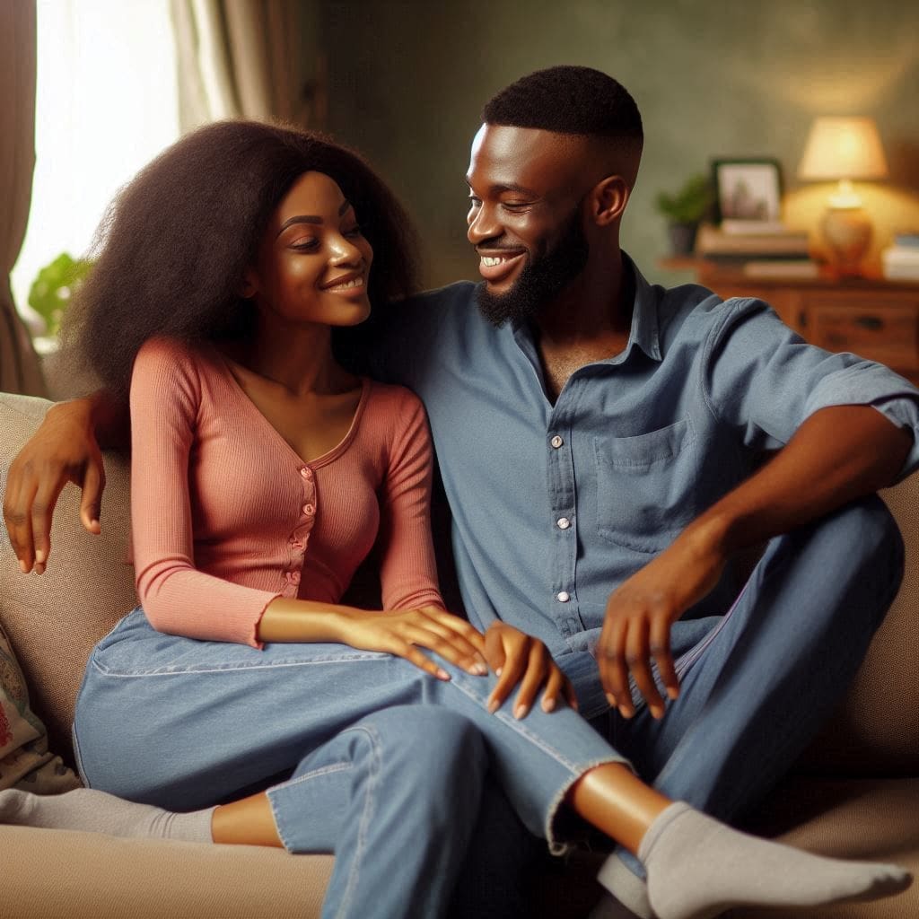 A Nigerian couple sitting on a couch, facing each other and smiling warmly. The woman's hand rests on the man's knee