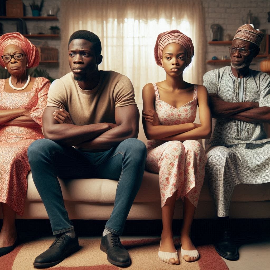 A-Nigerian-couple-male-and-a-female-sitting-stiffly-on-a-couch-arms-crossed-and-avoiding-eye-contact-while-their-in-laws(an-older-male-and-an-older-female)-stand-nearby-with-concerned-expressions representing Conflicts in Marriage with In-Laws