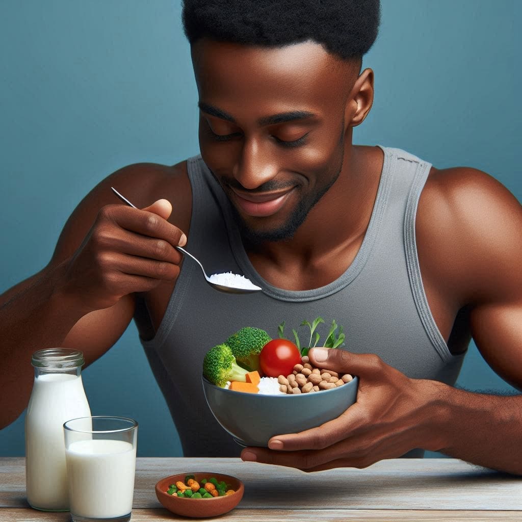 A person eating a healthy meal that is rich in calcium and vitamin D