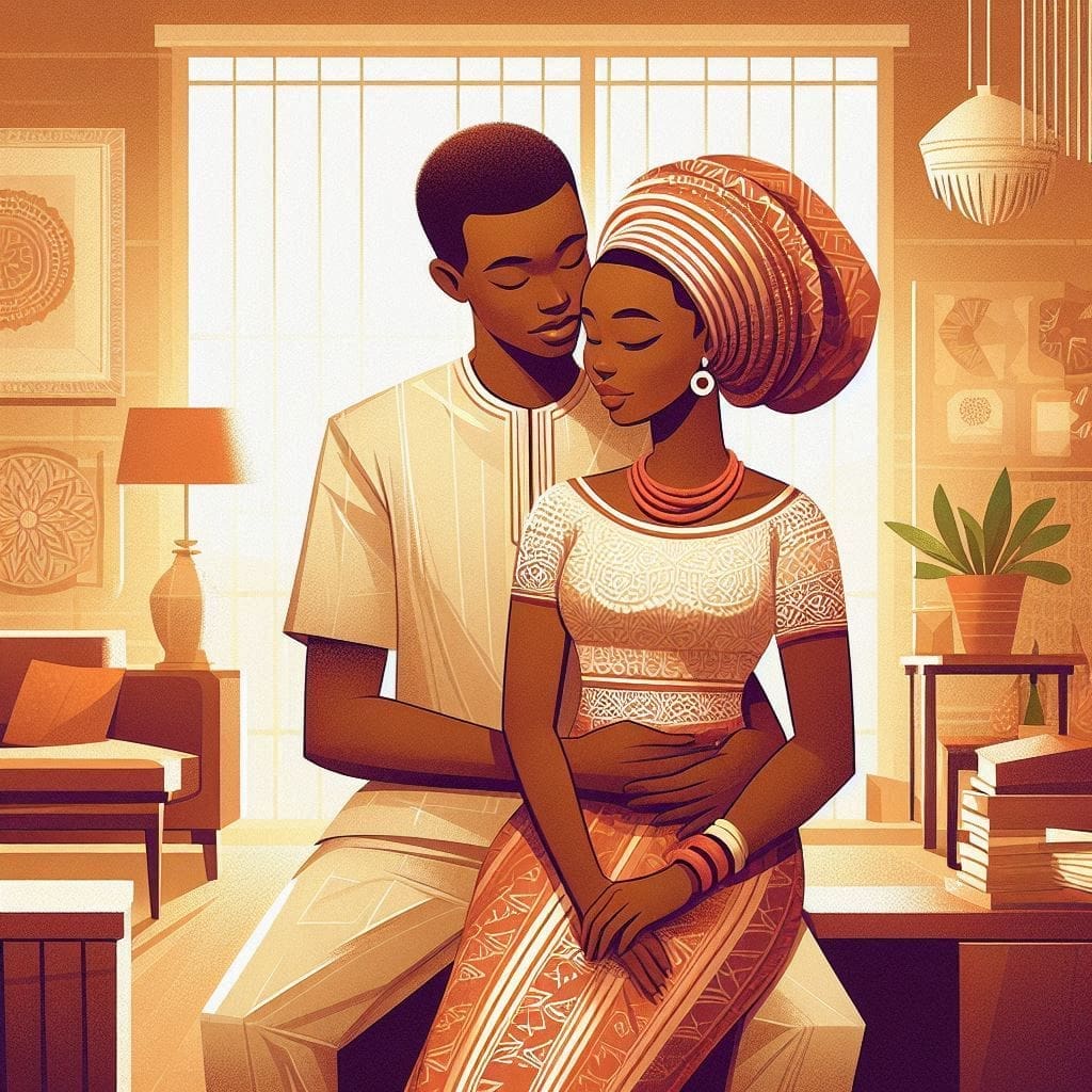 A Nigerian couple in a relaxed and loving embrace, symbolizing harmony and mutual respect in marriage.