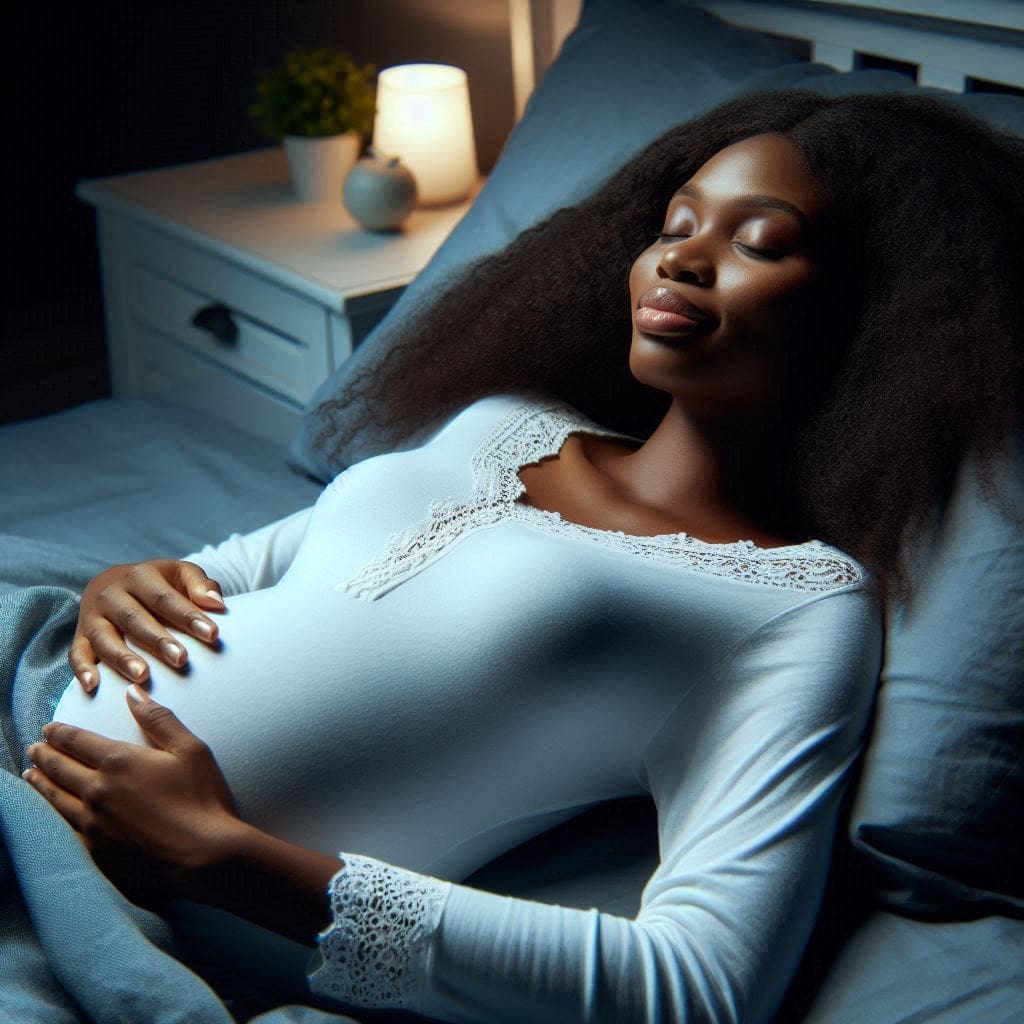 A Nigerian woman sleeping soundly in a cool, dark bedroom with comfortable bedding in her early pregnancy stage