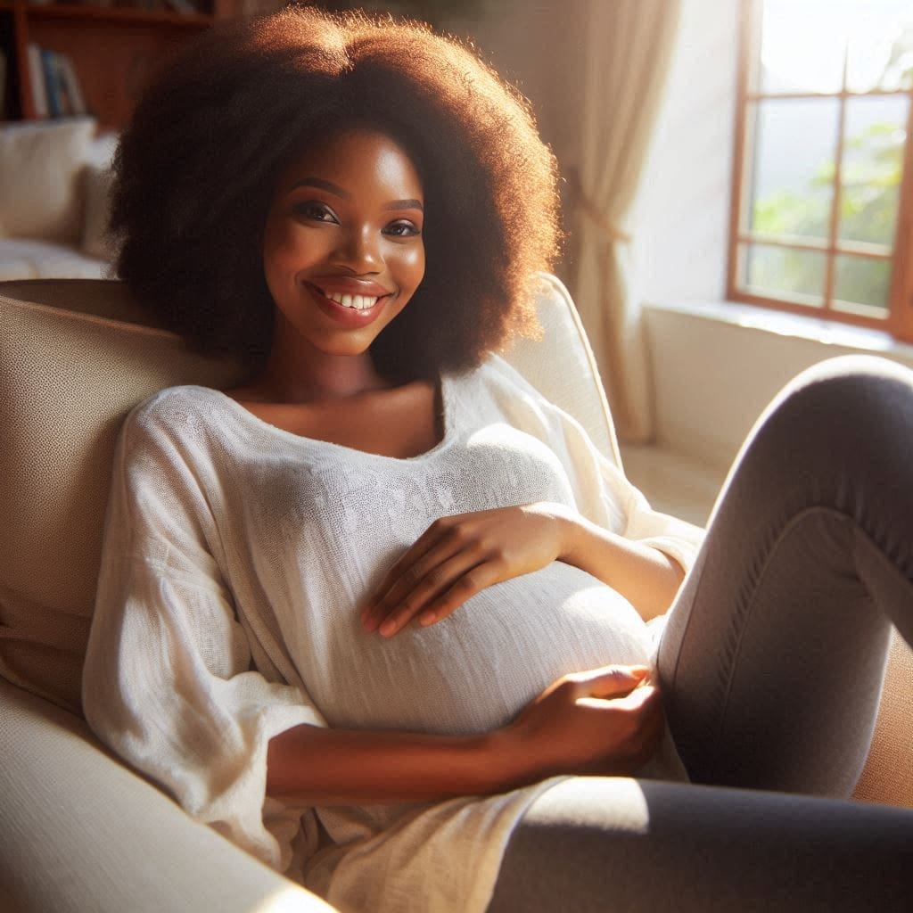 A photo of a smiling pregnant woman relaxing in a comfortable chair, sunlight streaming through a window