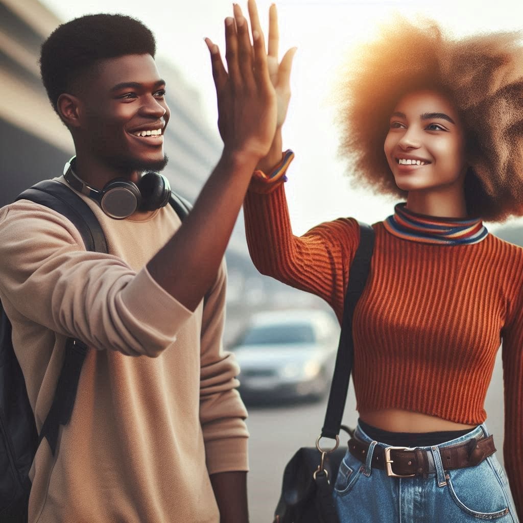 Two friends (one male, one female) giving each other a high five, showcasing healthy non-sexual touch.