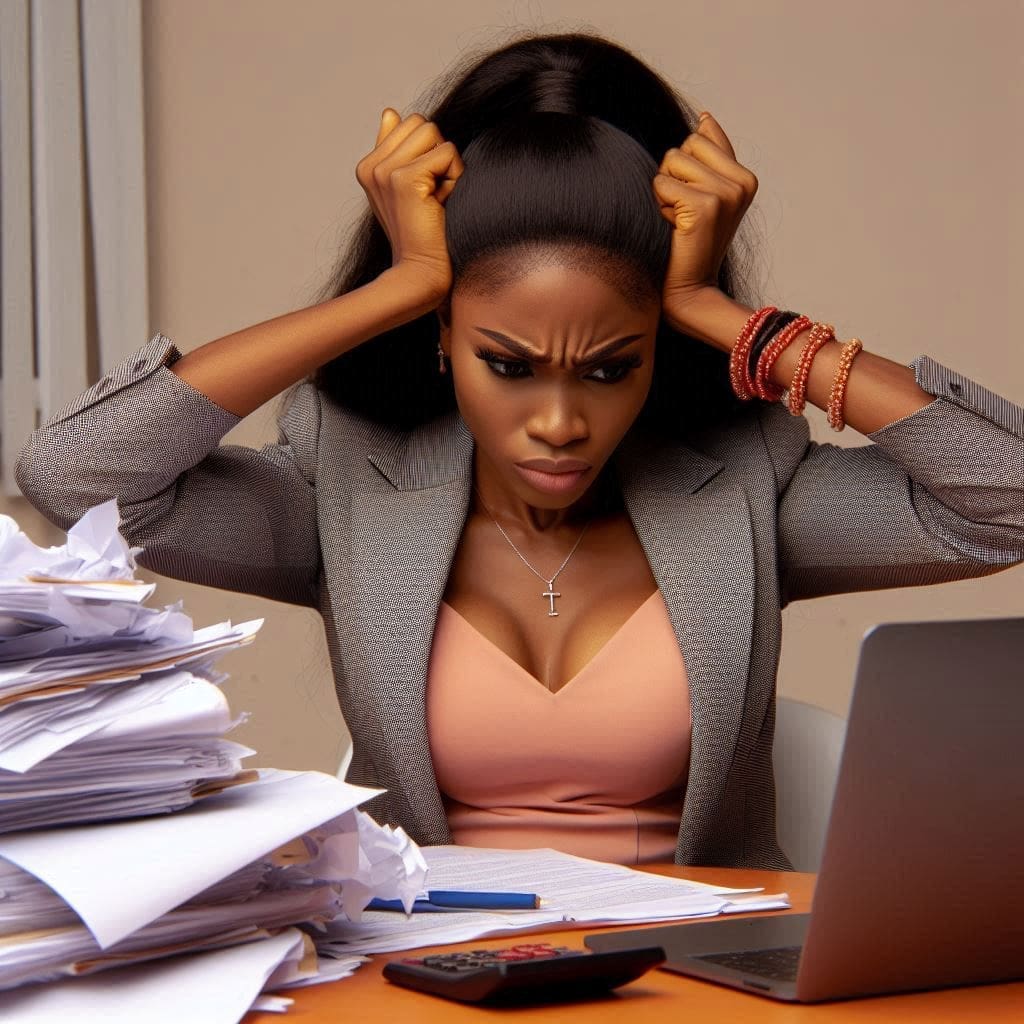 a lady that is so overwhelmed with work at the office-irritable behavior