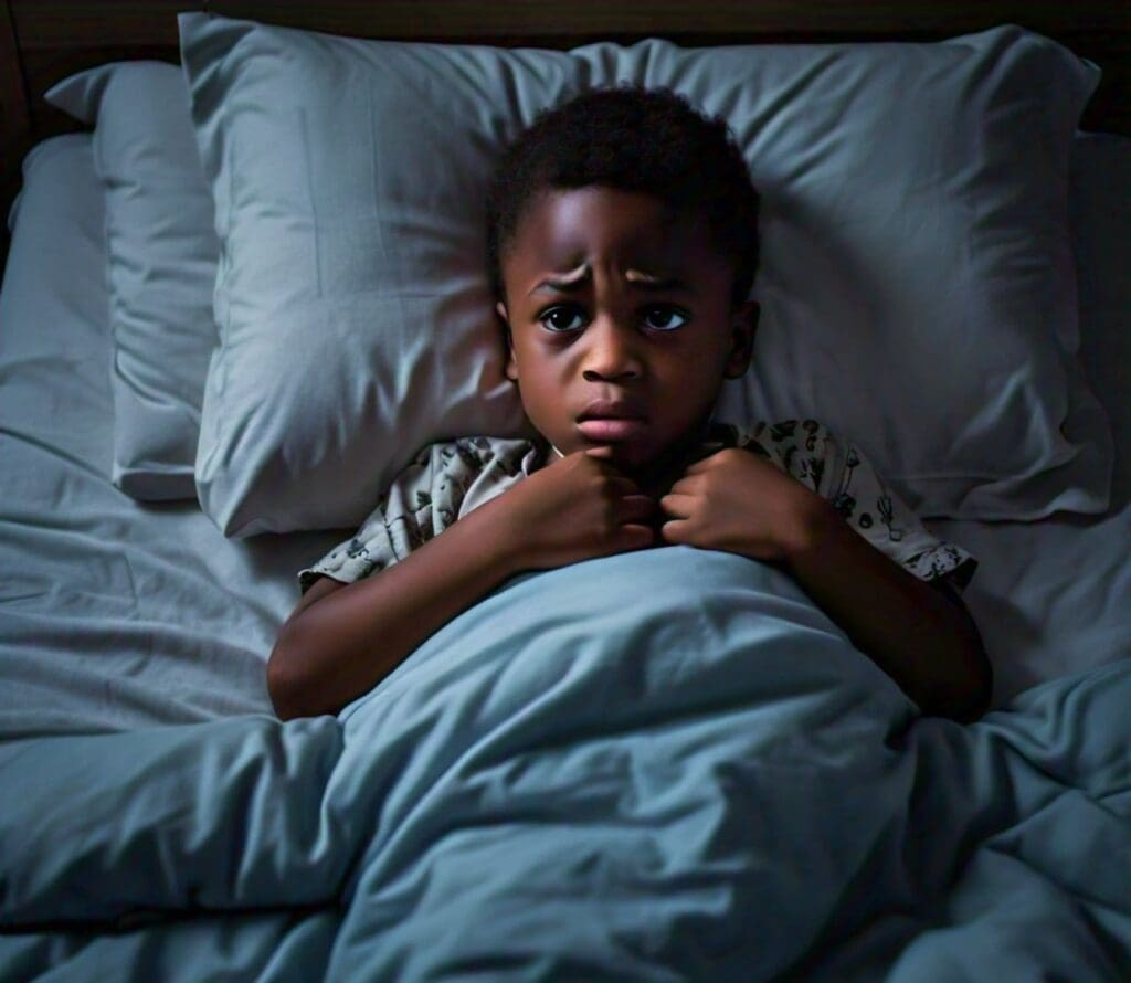 Nigerian child having difficulty sleeping due to prolonged screen time before bed.