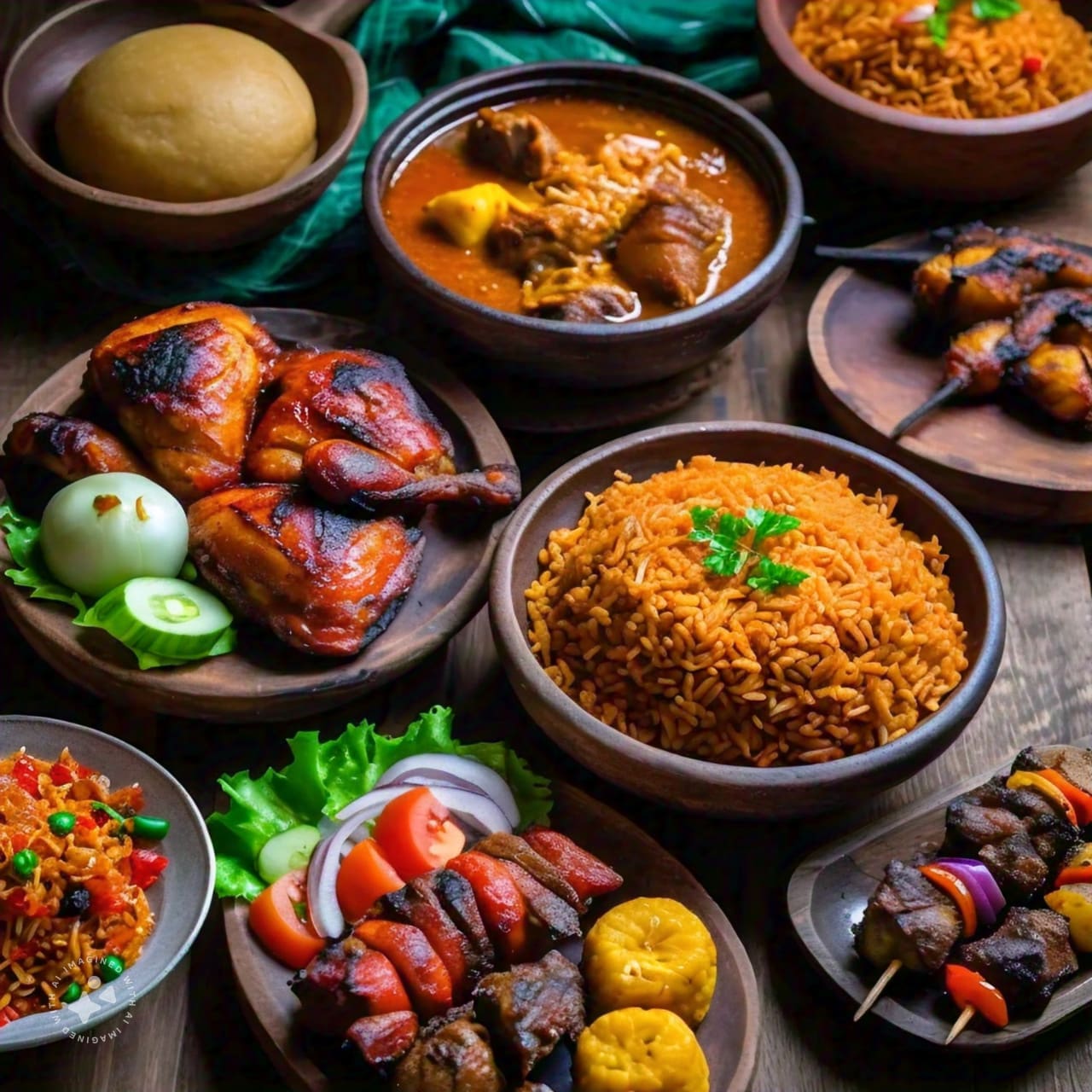 Create a vibrant and colorful hero image showcasing an array of traditional Nigerian dishes on a rustic wooden table. Including a beautifully plated Jollof Rice with grilled chicken and vegetables, a bowl of rich Egusi Soup with pieces of assorted meat, and a serving of Pounded Yam on a traditional wooden platter. With a plate of spicy Suya skewers garnished with fresh onions and tomatoes. A side of golden fried plantains and a bowl of colorful Nigerian fried rice.