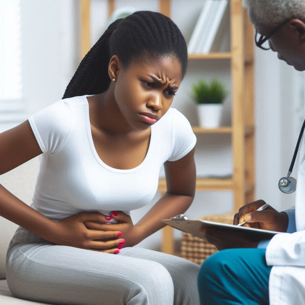 a lady seeing a doctor because of the abdominal pain she feels- ovarian cysts