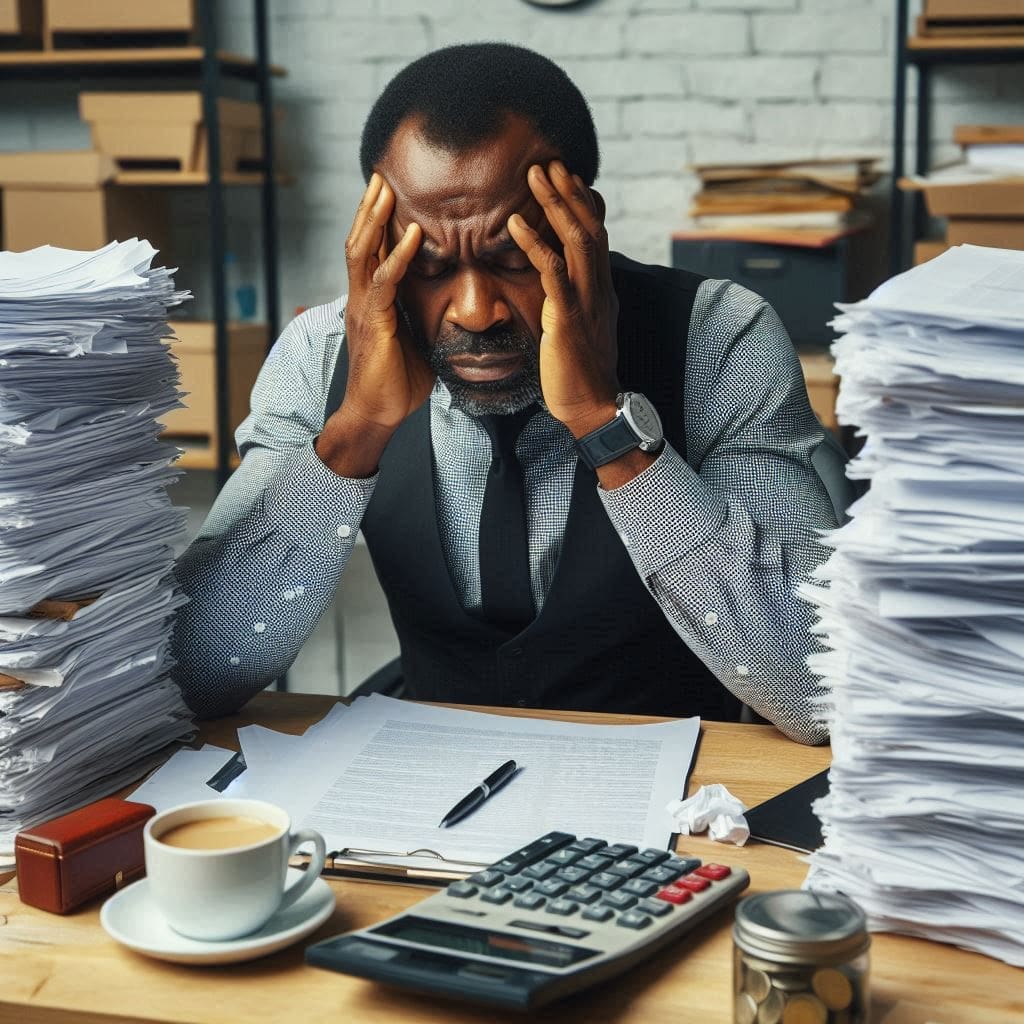 a young man, so stressed out in the office- effort and ease