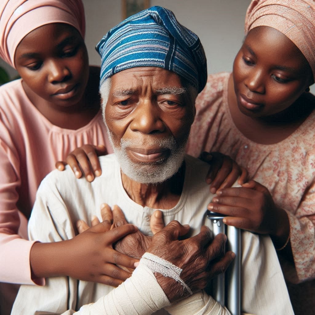 a sick old man being taken care off by his children- stroke