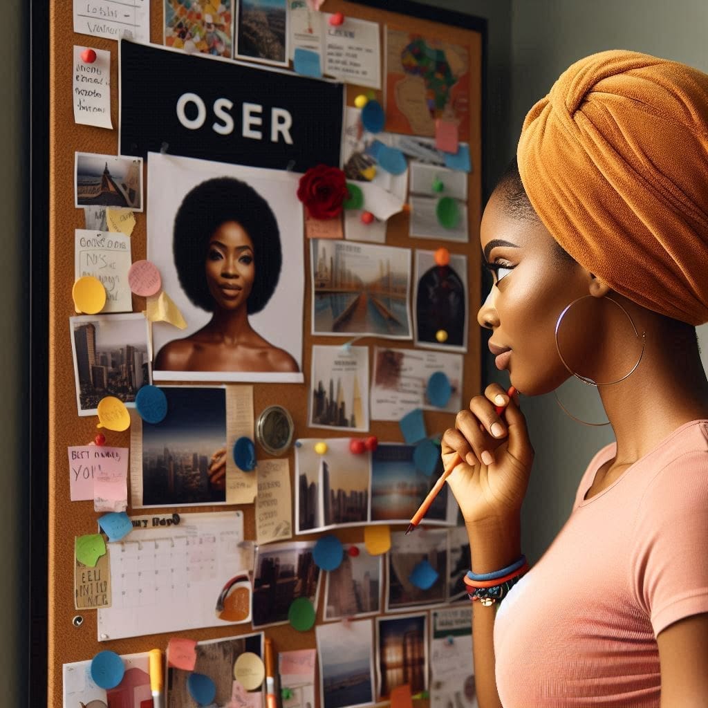 a lady staring at a board- vision board