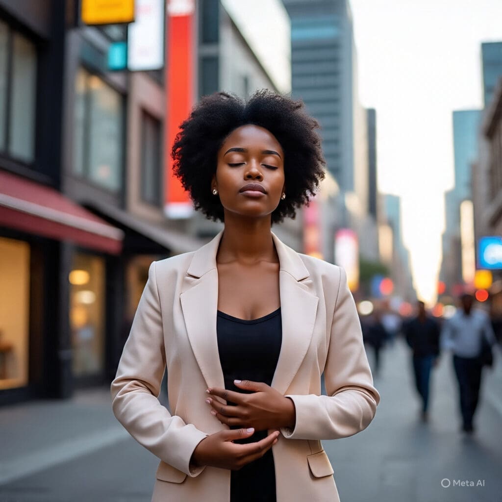 Young African woman practicing deep breathing in a chaotic city, showing how to stay calm in stressful situations.