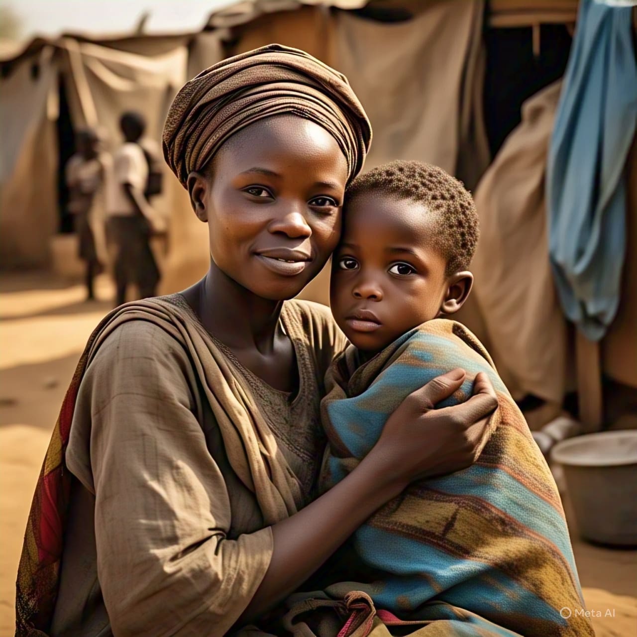 Nigerian mother hugging her child in a displacement camp, promoting emotional security in conflict-affected areas.