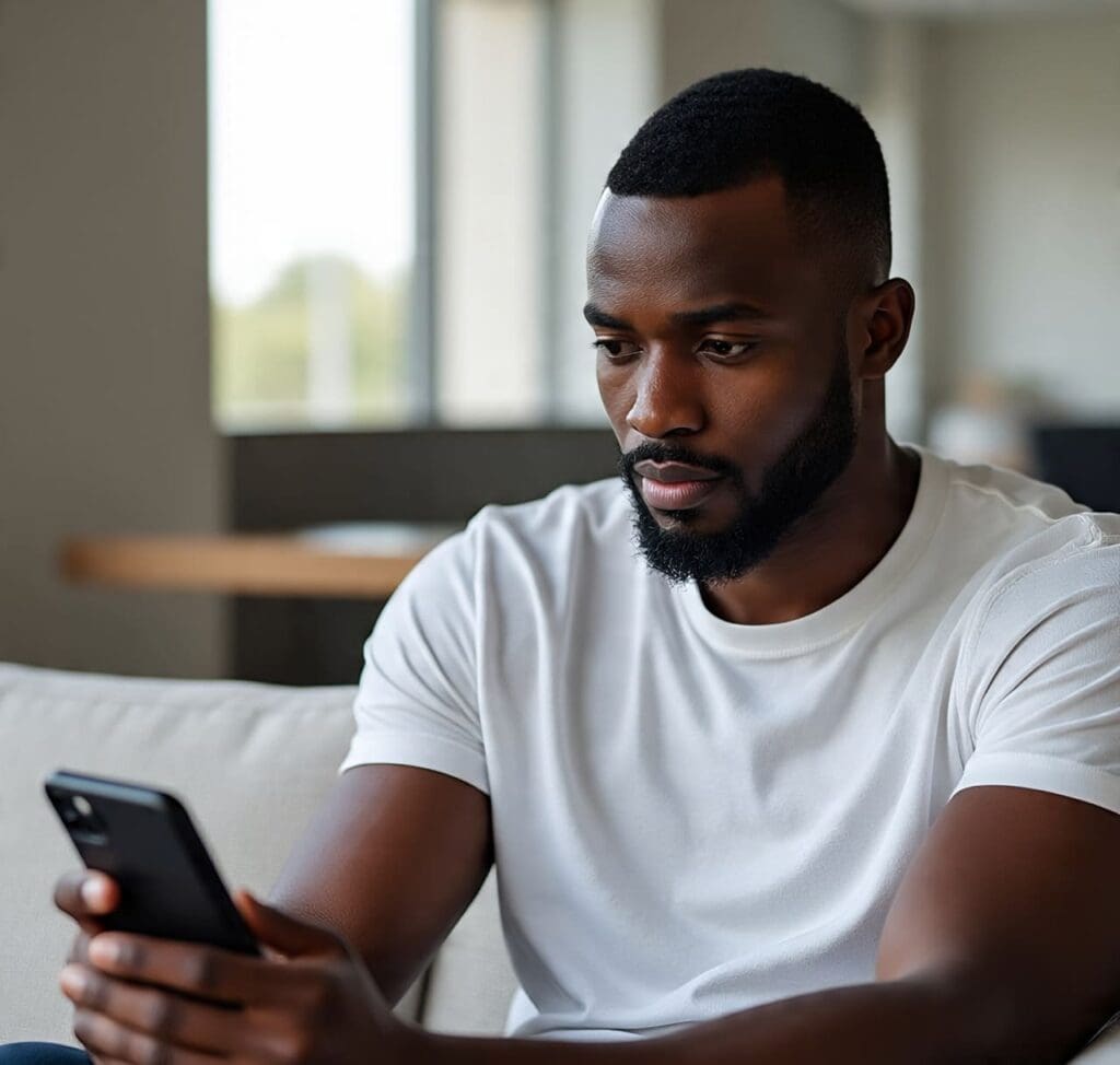 a man staring at his phone- 20-20 rule